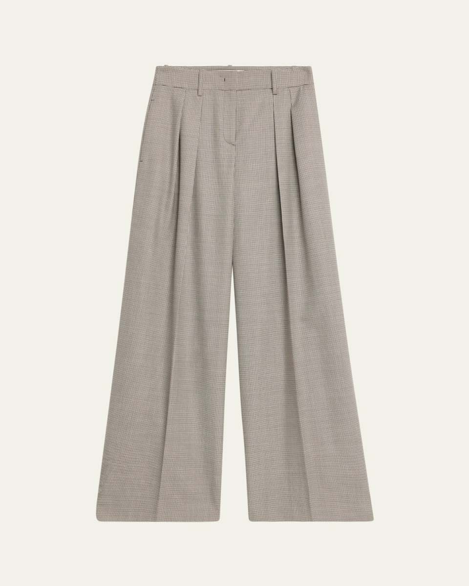 Pleated Houndstooth Wide-Leg Slouch Trousers